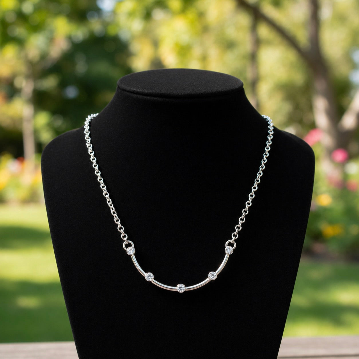 Sterling Silver 925 Arch Pendant Swarovski Crystals Necklace "Grin"