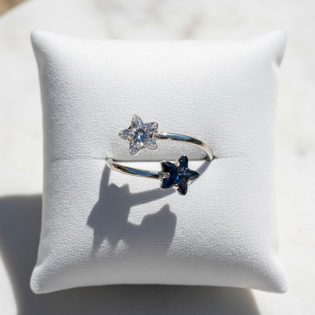 Sterling Silver 925 Double Stars Swarovski Crystal Adjustable Wrap Ring "Polaris"