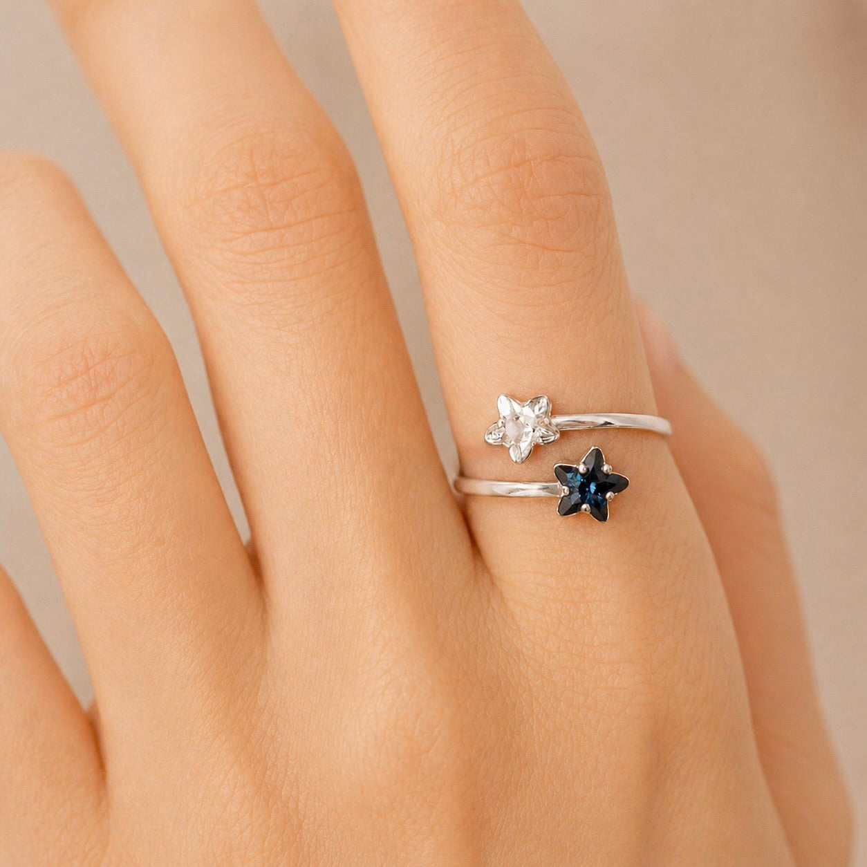 Sterling Silver 925 Double Stars Swarovski Crystal Adjustable Wrap Ring "Polaris"