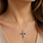 Yellow Gold Plated Sterling Silver 925 Cross Pendant Swarovski Crystal Necklace "Prism"