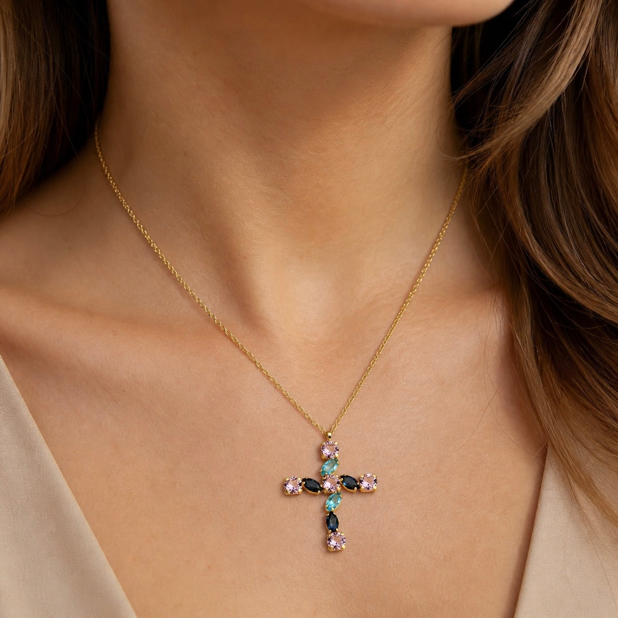 Yellow Gold Plated Sterling Silver 925 Cross Pendant Swarovski Crystal Necklace "Prism"