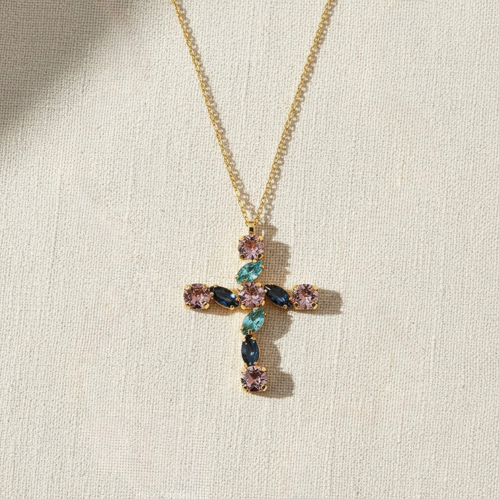 Yellow Gold Plated Sterling Silver 925 Cross Pendant Swarovski Crystal Necklace "Prism"