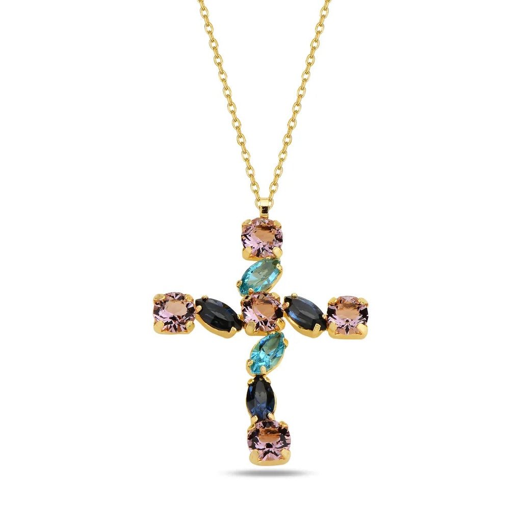 Halskette "Prism" aus Sterling Silber 925, Gelbgold plattiert, mit Kreuzanhänger und Swarovski Kristallen