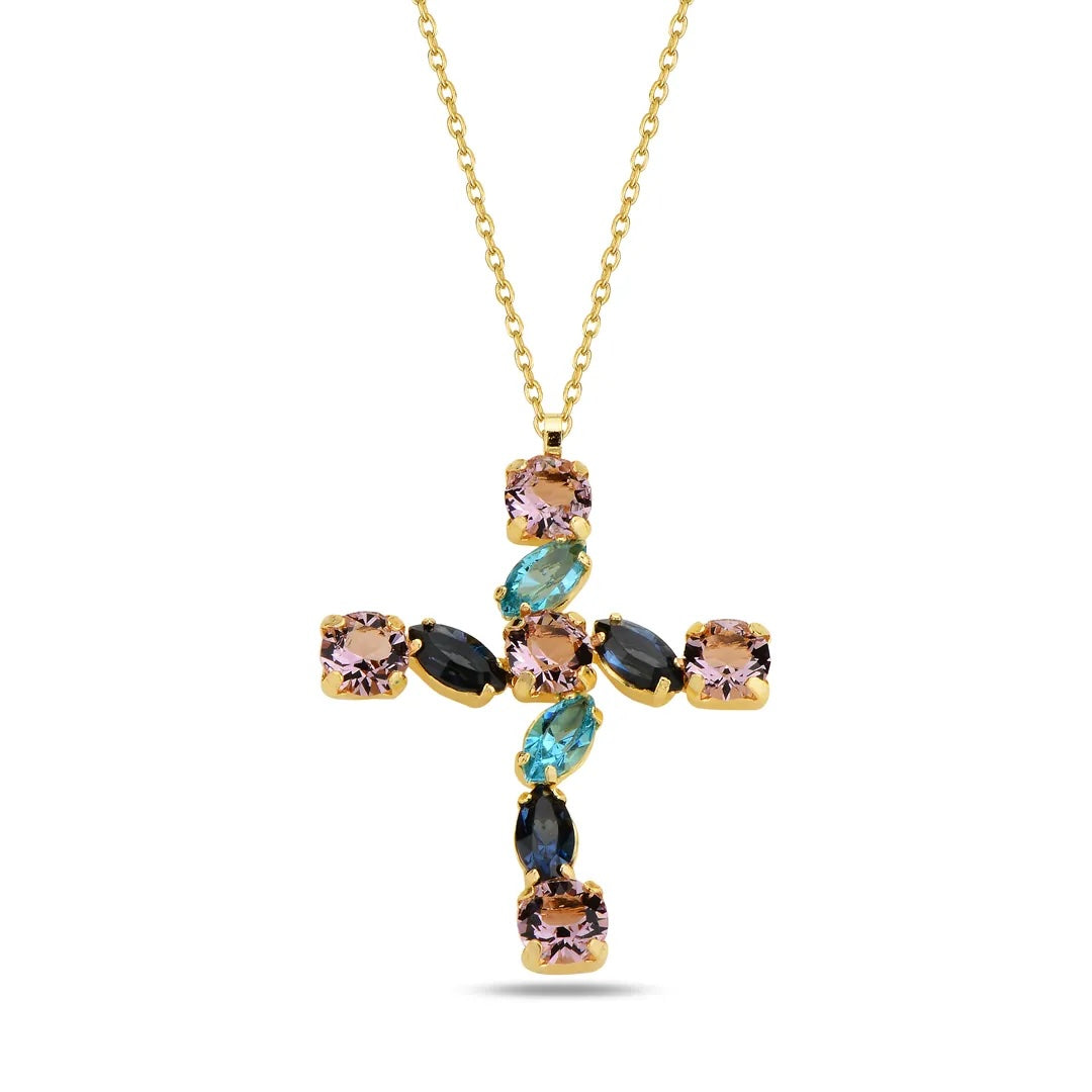 Yellow Gold Plated Sterling Silver 925 Cross Pendant Swarovski Crystal Necklace "Prism"