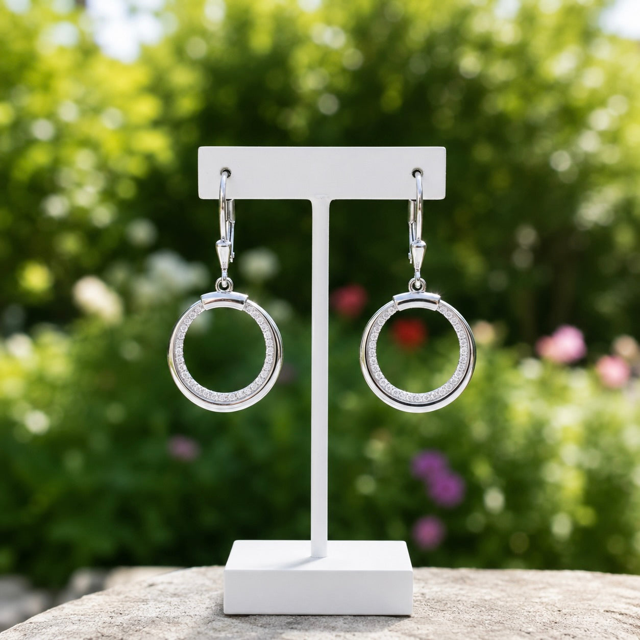 Sterling Silver 925 CZ Open Hoop Drop Earrings "Loran"