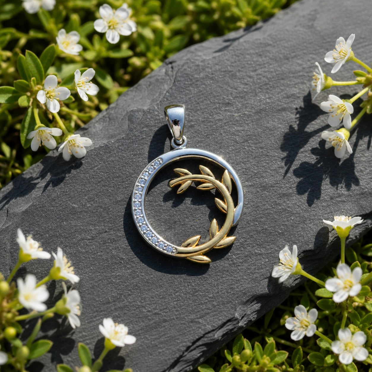Sterling Silver 925 Yellow Gold Plated Olive Branch CZ Pendant "Olea"