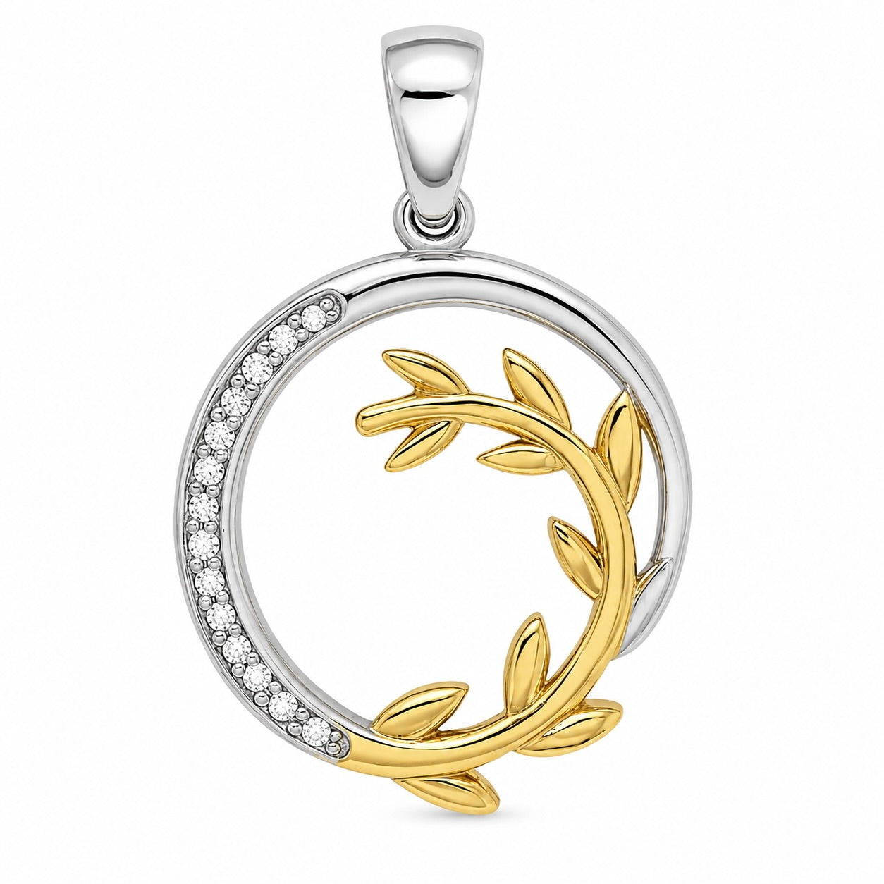Sterling Silver 925 Yellow Gold Plated Olive Branch CZ Pendant "Olea"