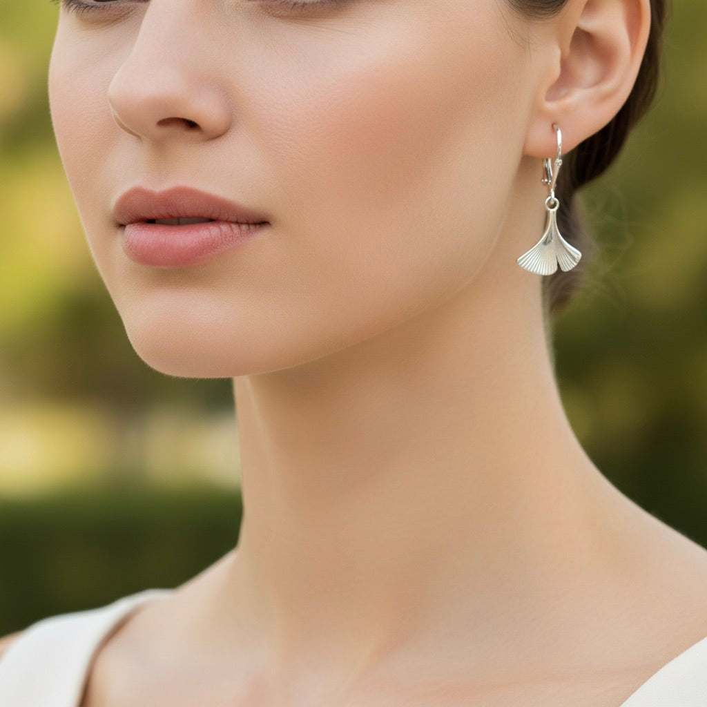 Sterling Silver 925 Fan Leaf Drop Earrings "Flabel"