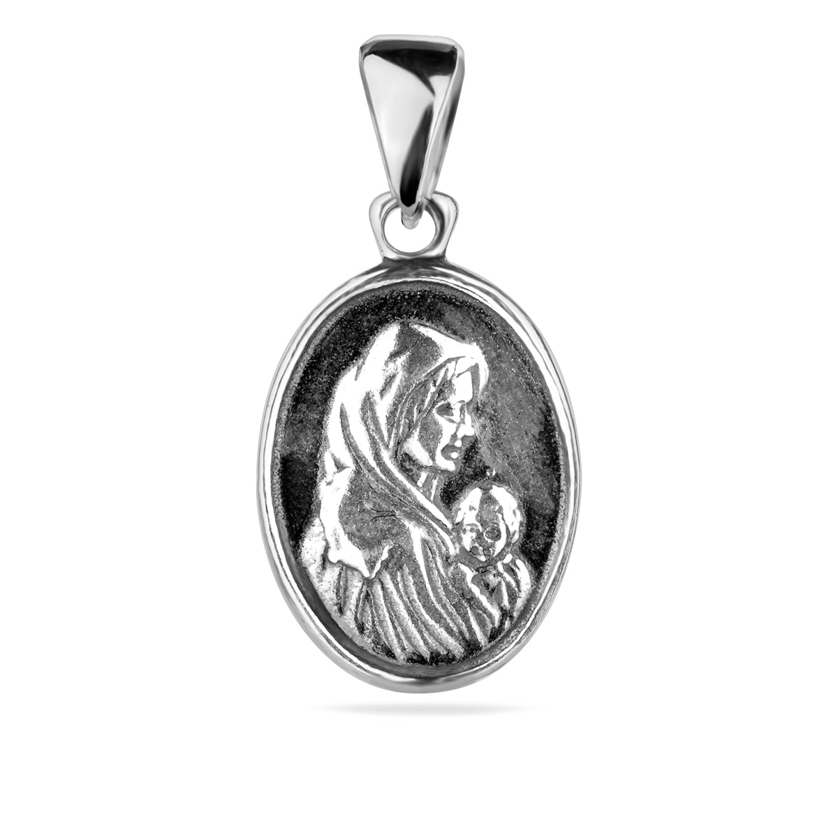 Sterling Silver 925 Virgin Mary Oval Pendant "Holy Embrace"