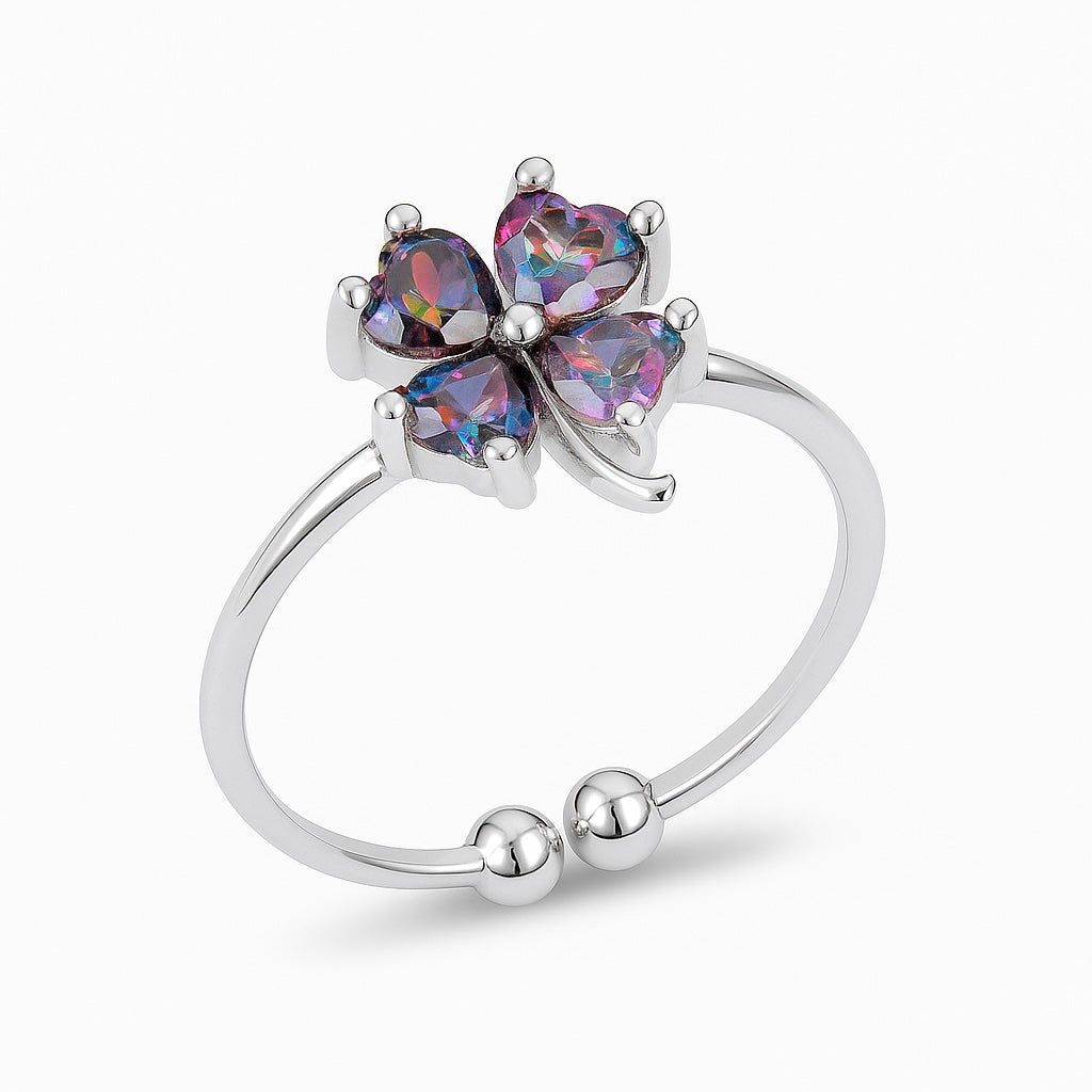 Sterling Silver 925 Four Leaf Clover Adjustable Ring "Mystic Topaz"
