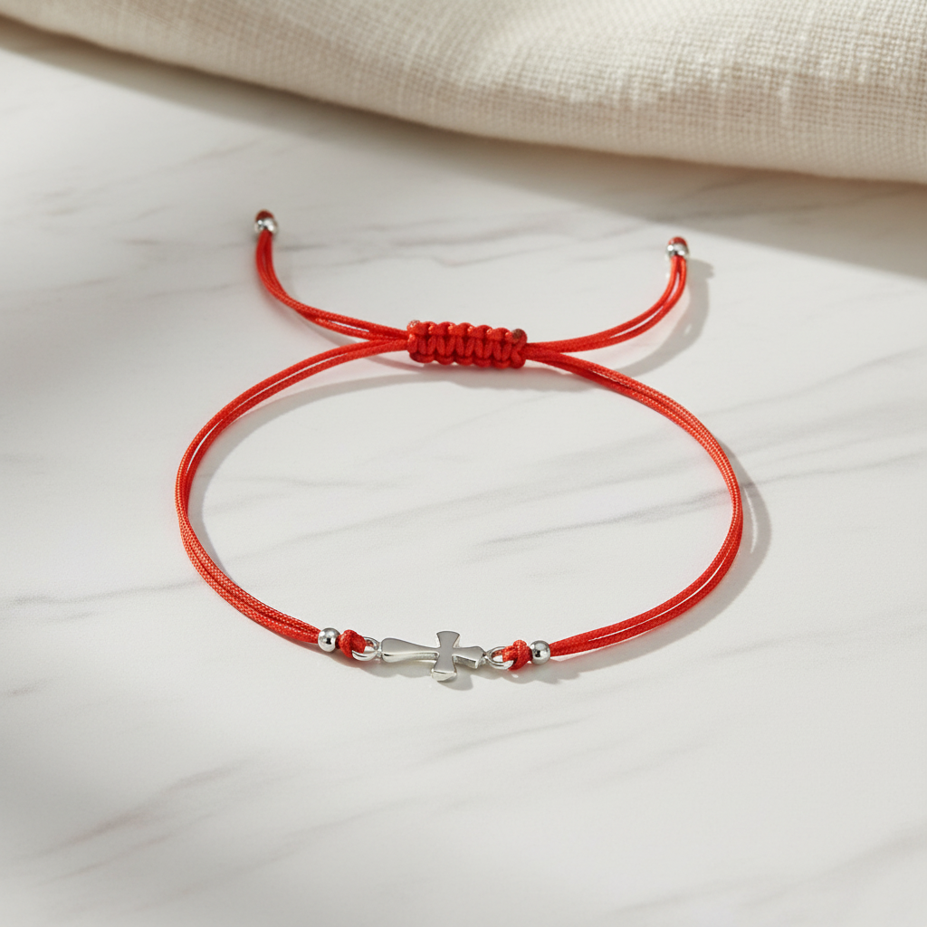 Red String Bracelet with Sterling Silver Cross Charm