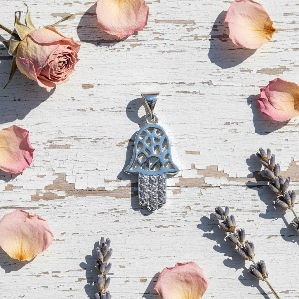 Sterling Silver 925 Hamsa CZ Pendant "Blessed Hand"
