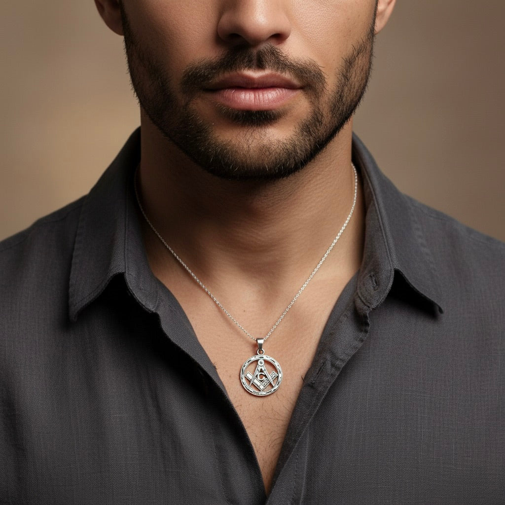 Sterling Silver 925 Round Masonic Pendant "The G"
