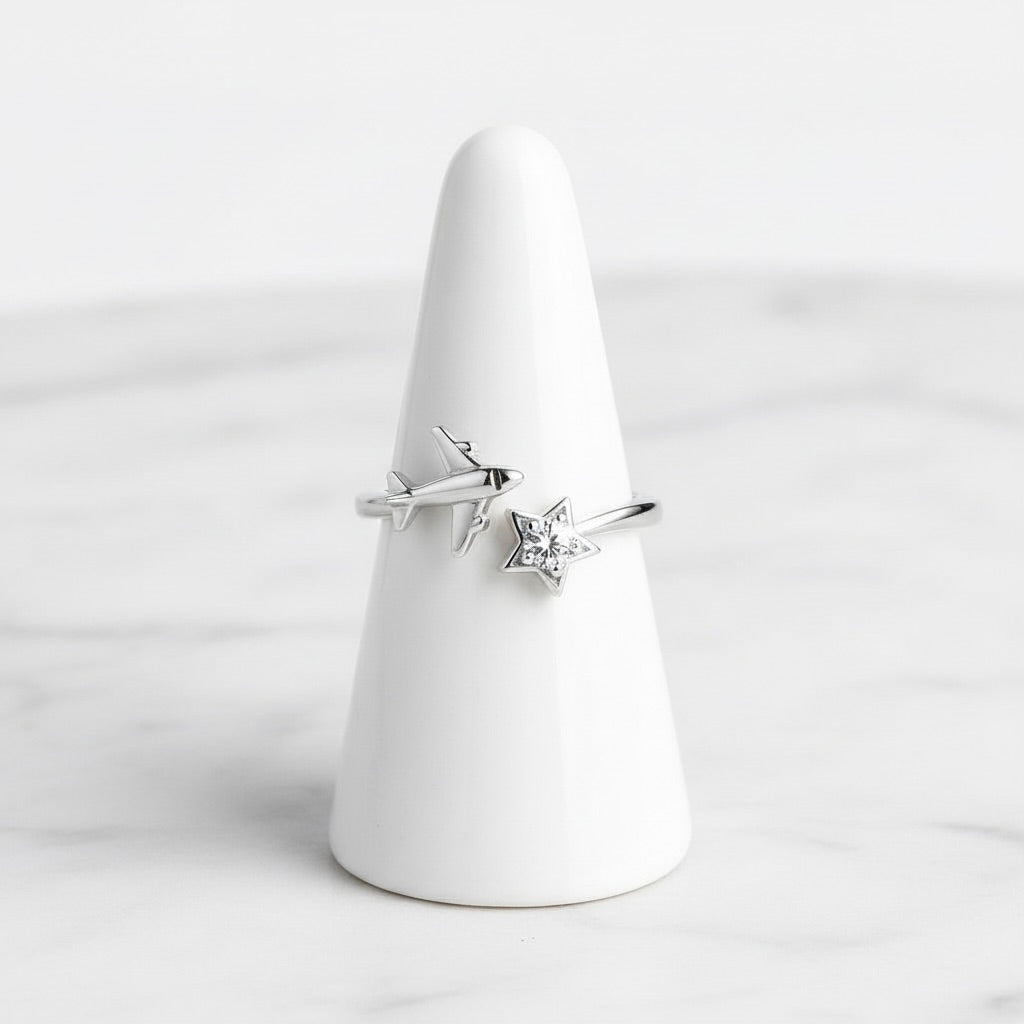 Sterling Silver 925 Airplane Star CZ Adjustable Ring "Aviara"