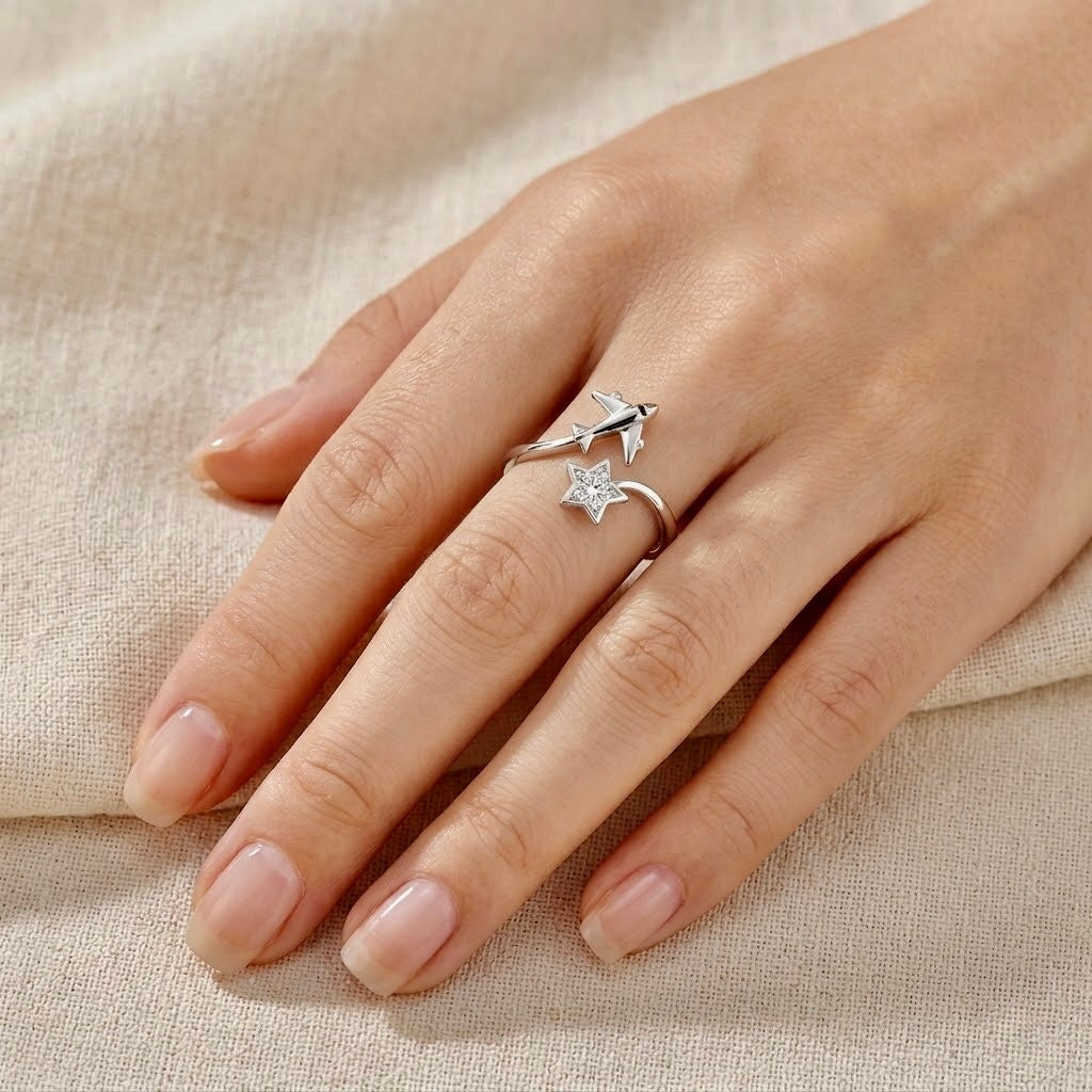 Sterling Silver 925 Airplane Star CZ Adjustable Ring "Aviara"