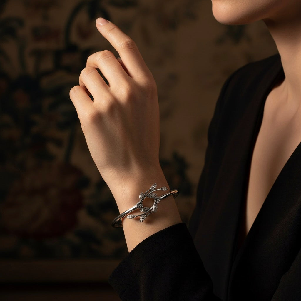 Sterling Silver 925 Bangle Open Bracelet “Leaf Whisper”