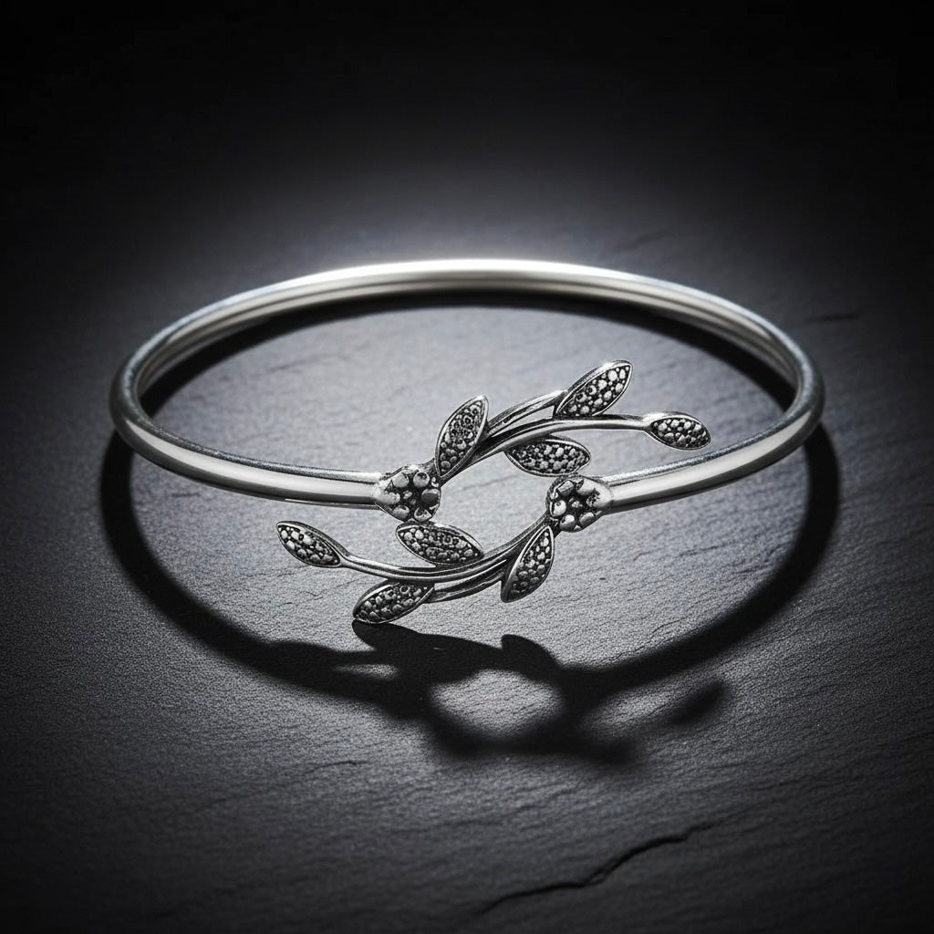 Sterling Silver 925 Bangle Open Bracelet “Leaf Whisper”
