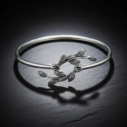 Sterling Silver 925 Bangle Open Bracelet “Leaf Whisper”