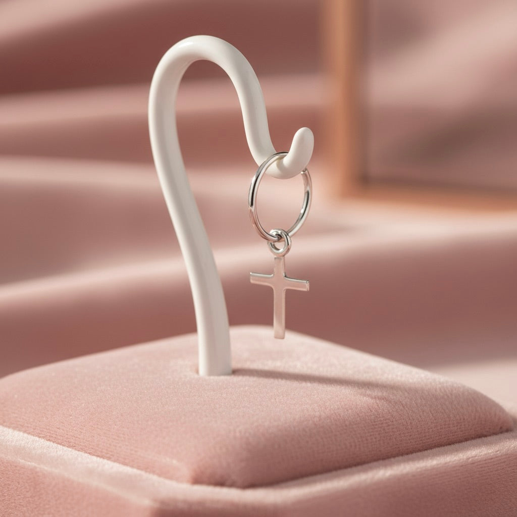 Sterling Silver 925 Single Hoop Cross Earring "Petite Faith"