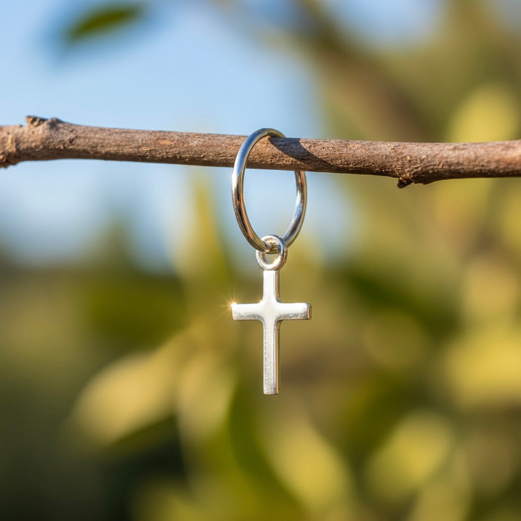 Sterling Silver 925 Single Hoop Cross Earring "Petite Faith"