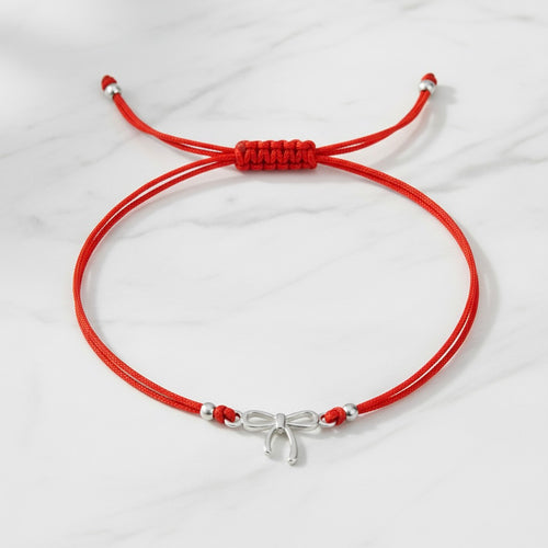 Red String Bracelet with Sterling Silver 925 Bow Charm “Little Wish”