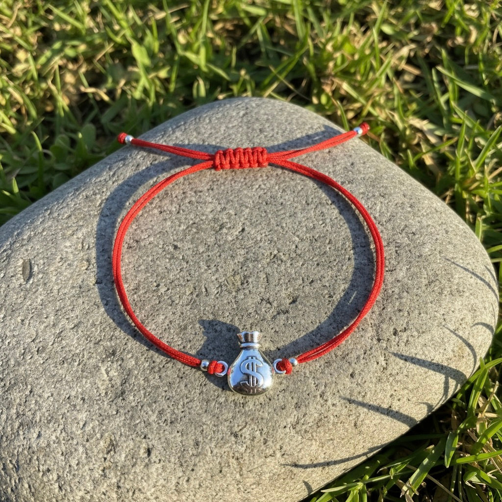 Red String Bracelet with Sterling Silver 925 Money Bag Charm “Good Fortune”