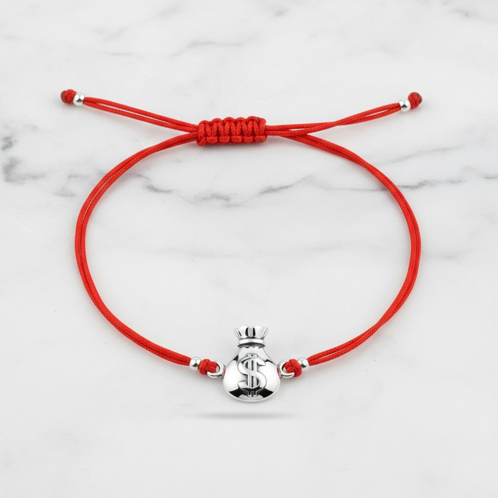 Red String Bracelet with Sterling Silver 925 Money Bag Charm “Good Fortune”
