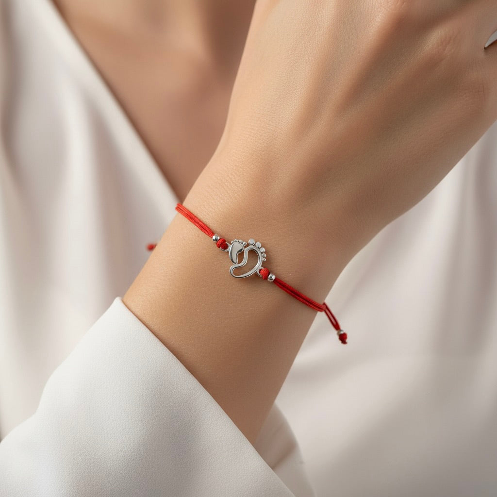 Red String Bracelet with Sterling Silver 925 Baby Feet Charm “First Steps”