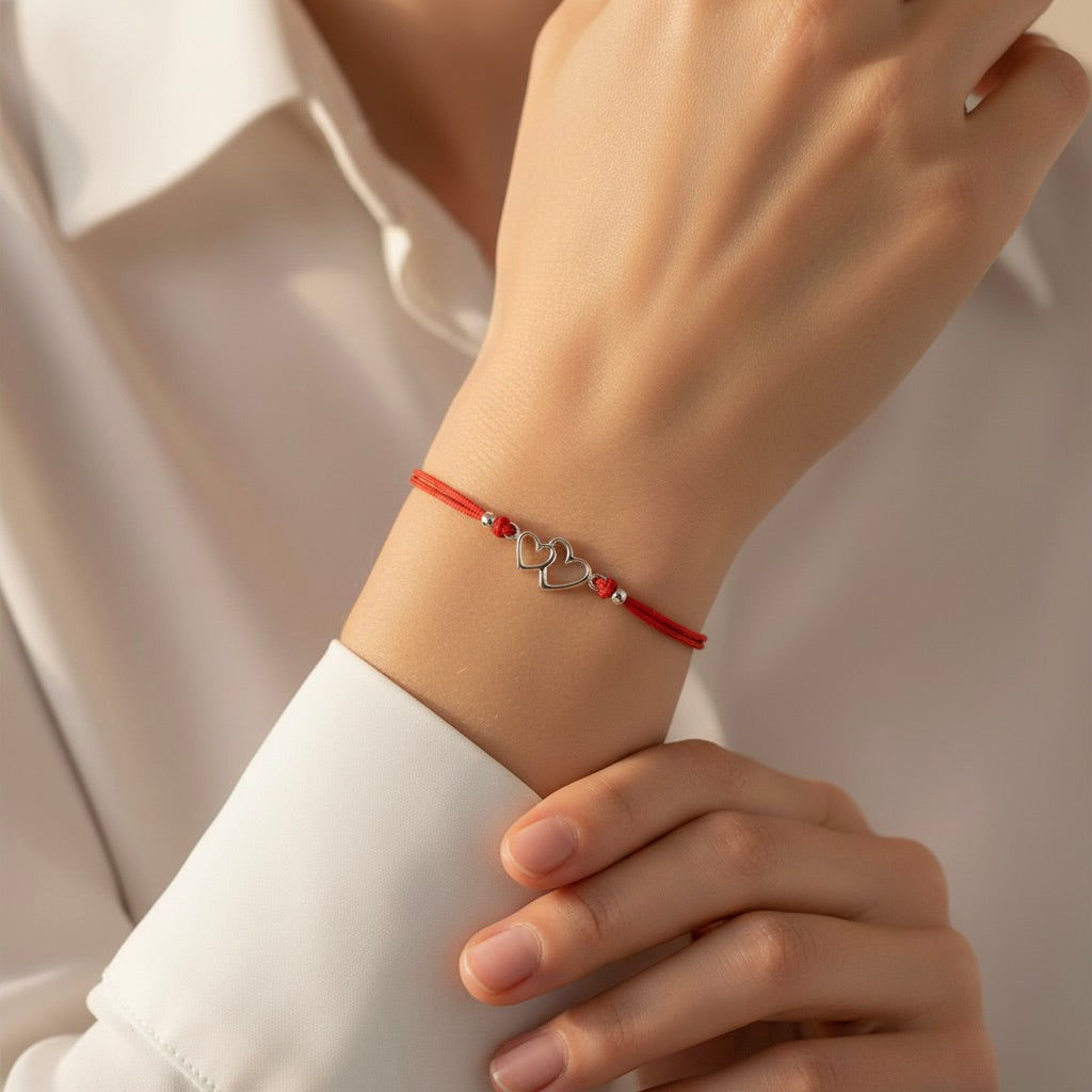 Red String Bracelet with Sterling Silver 925 Hearts Charm “Together”