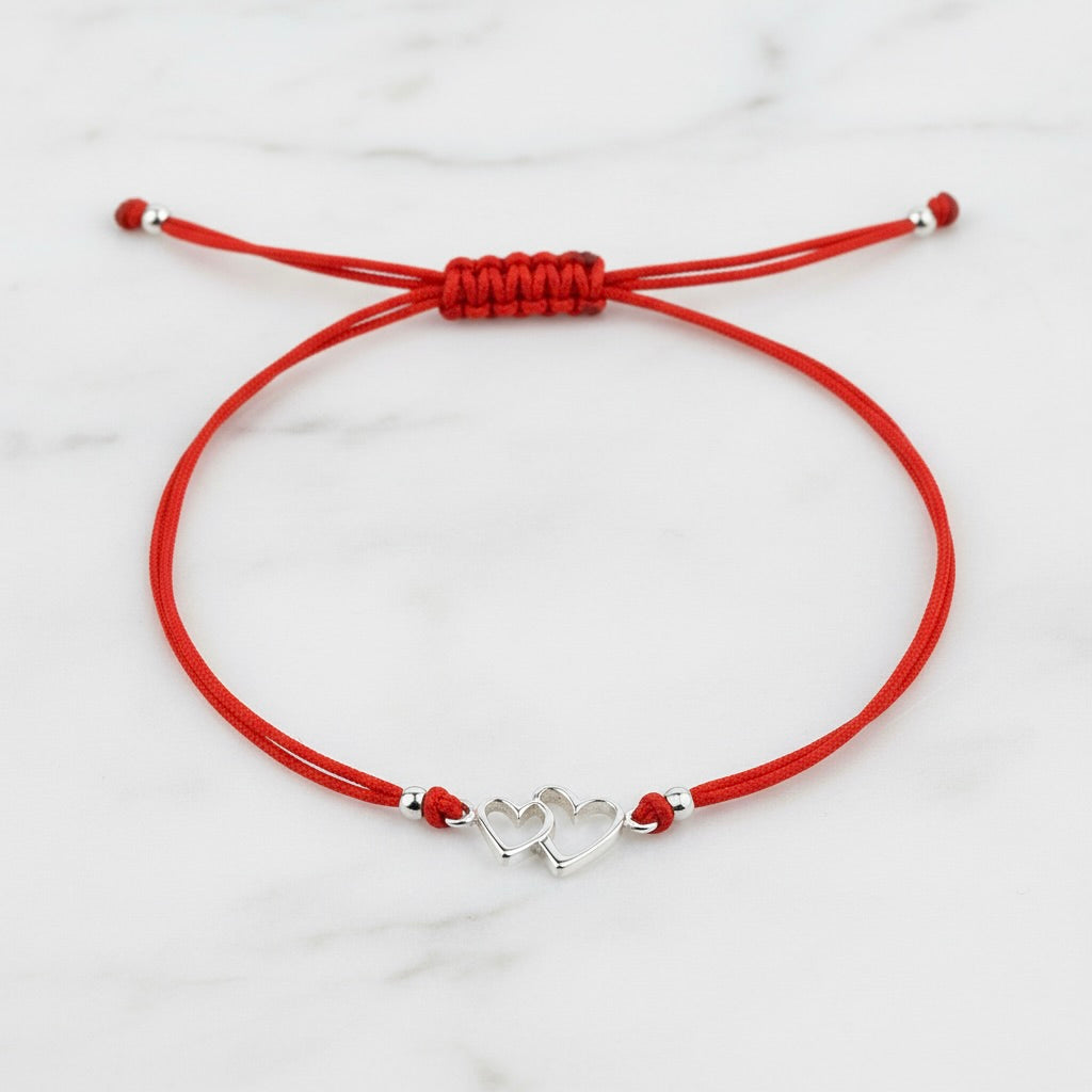 Red String Bracelet with Sterling Silver 925 Hearts Charm “Together”