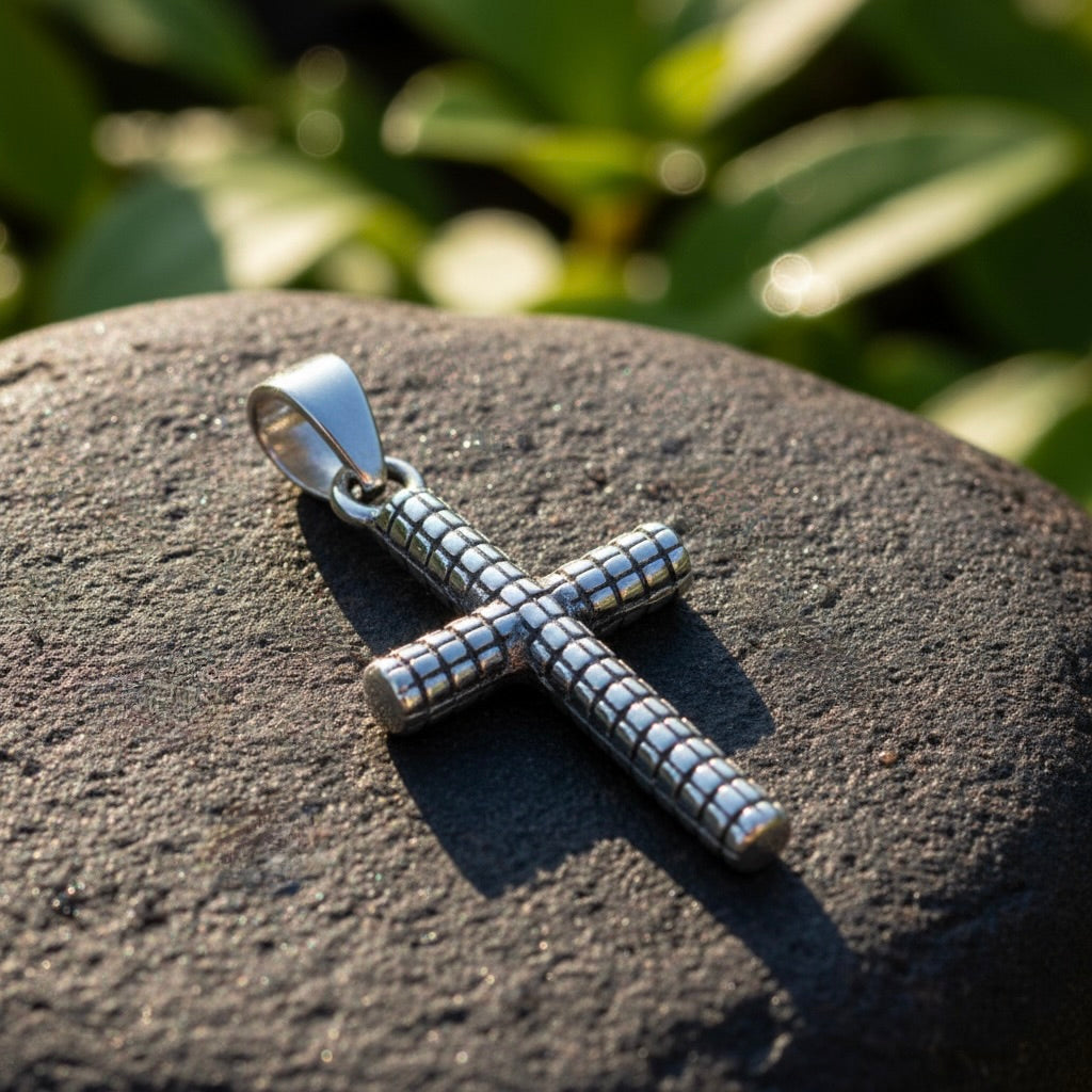 Sterling Silver 925 Textured Cross Unisex Pendant "Etch"
