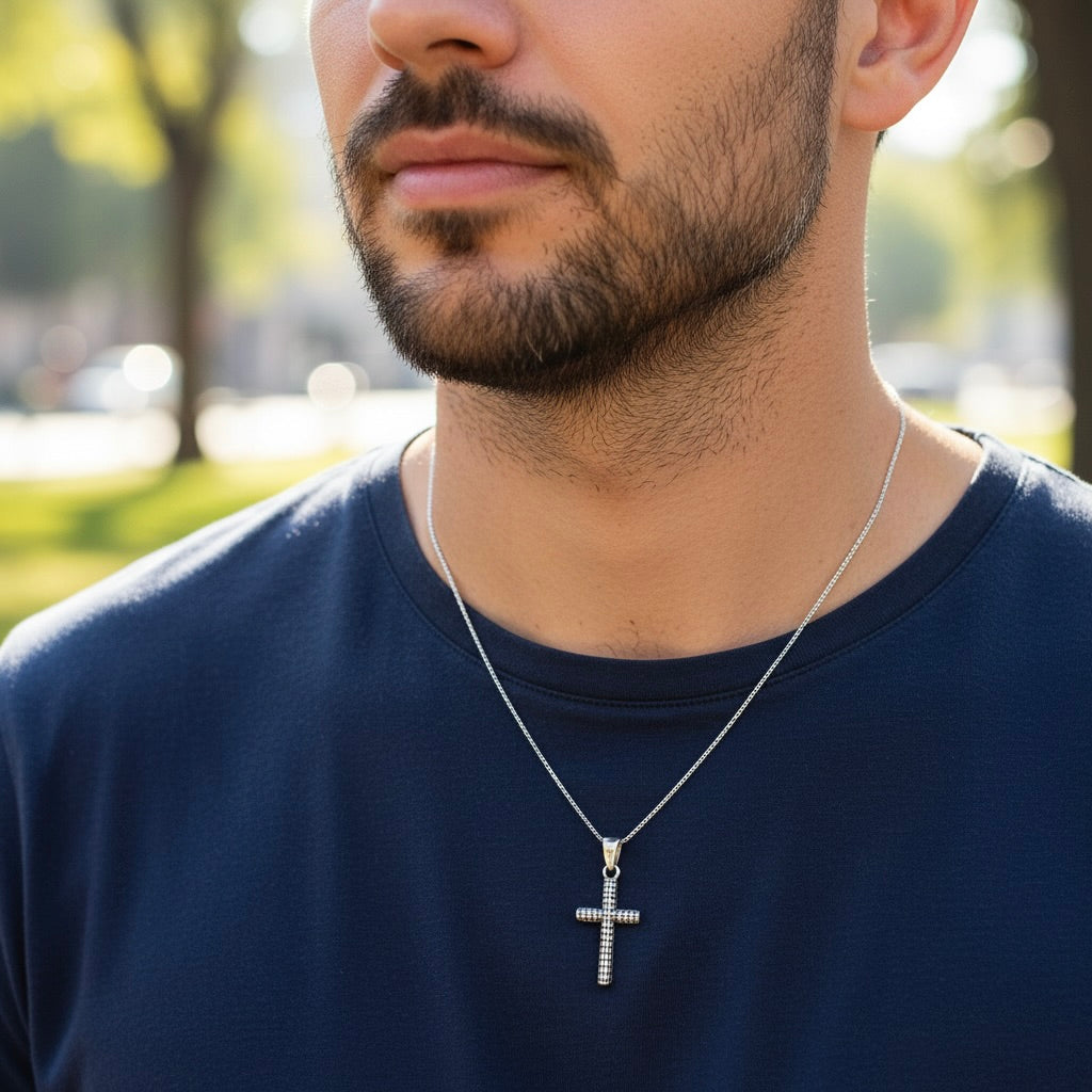 Sterling Silver 925 Textured Cross Unisex Pendant "Etch"