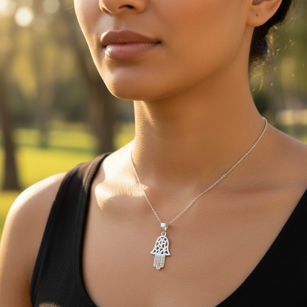 Sterling Silver 925 Hamsa CZ Pendant "Blessed Hand"