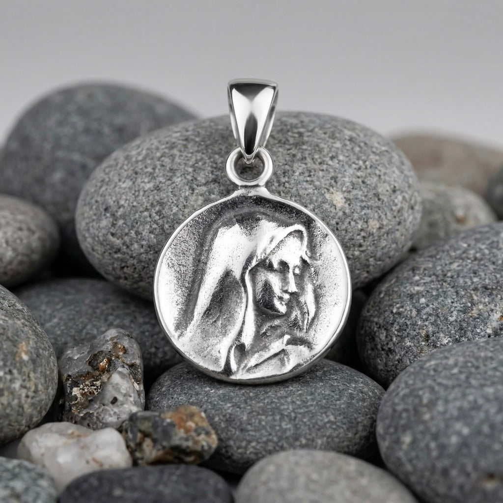 Sterling Silver 925 Virgin Mary Round Pendant "Madonna"