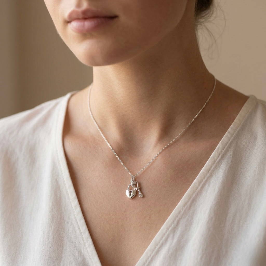 Sterling Silver 925 Heart Lock Key Pendant "Soulmate"