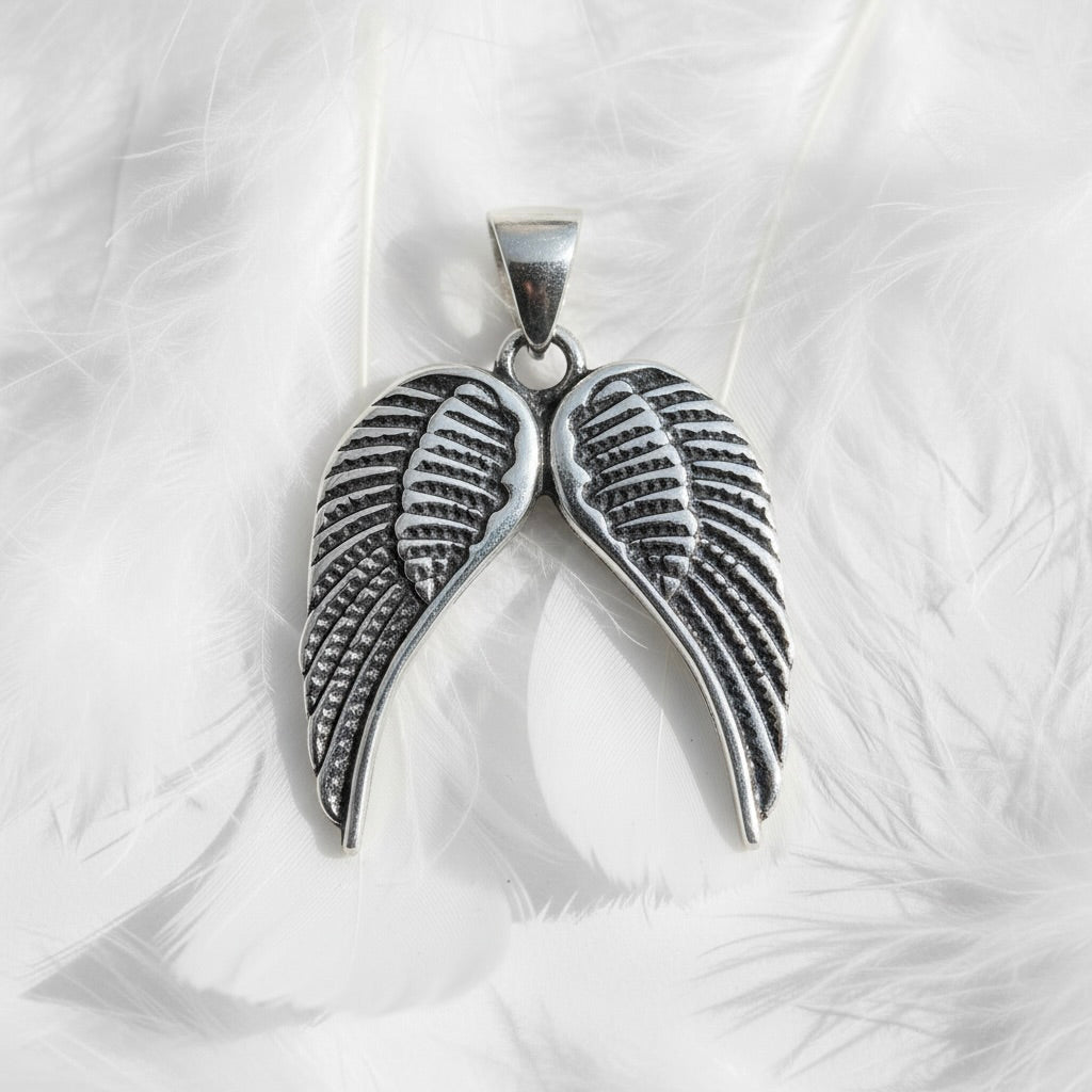 Sterling Silver 925 Double Angel Wing Pendant "Feather"