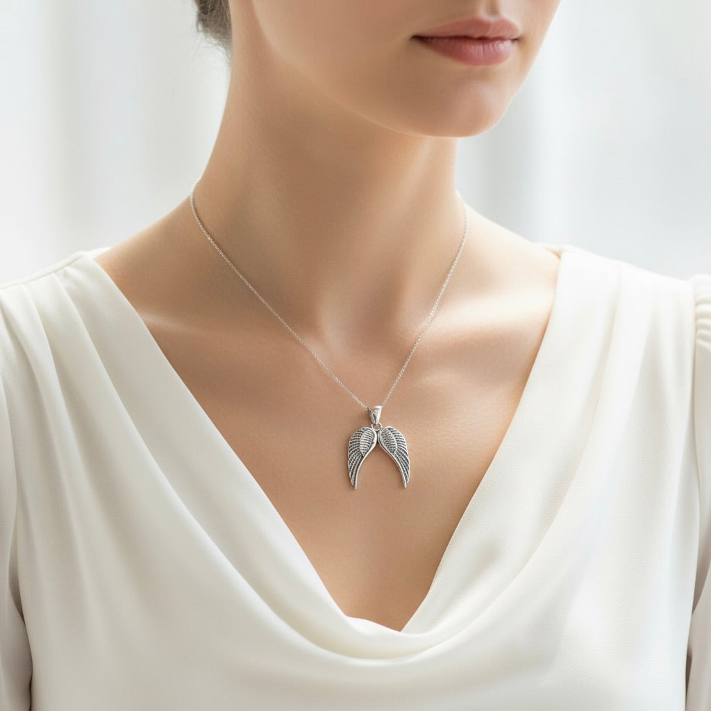 Sterling Silver 925 Double Angel Wing Pendant "Feather"