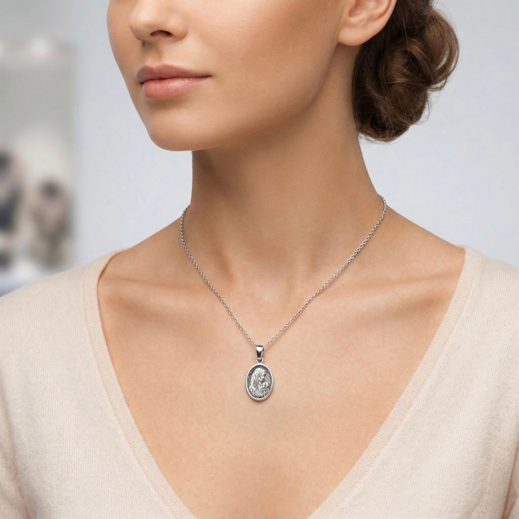 Sterling Silver 925 Virgin Mary Oval Pendant "Holy Embrace"