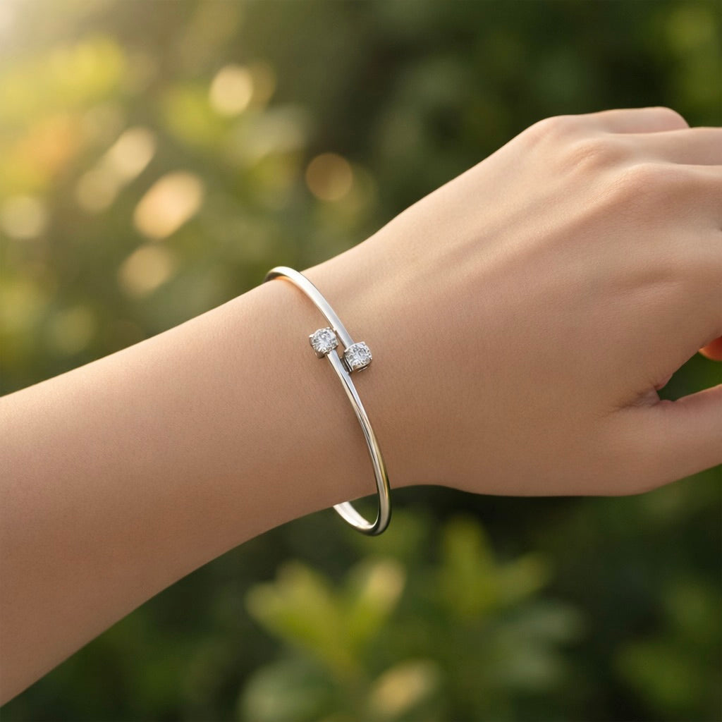Sterling Silver 925 Minimalist CZ Bangle Bracelet “Dual Spark”