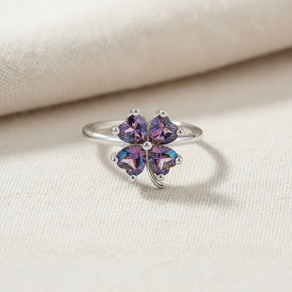 Sterling Silver 925 Four Leaf Clover Adjustable Ring "Mystic Topaz"