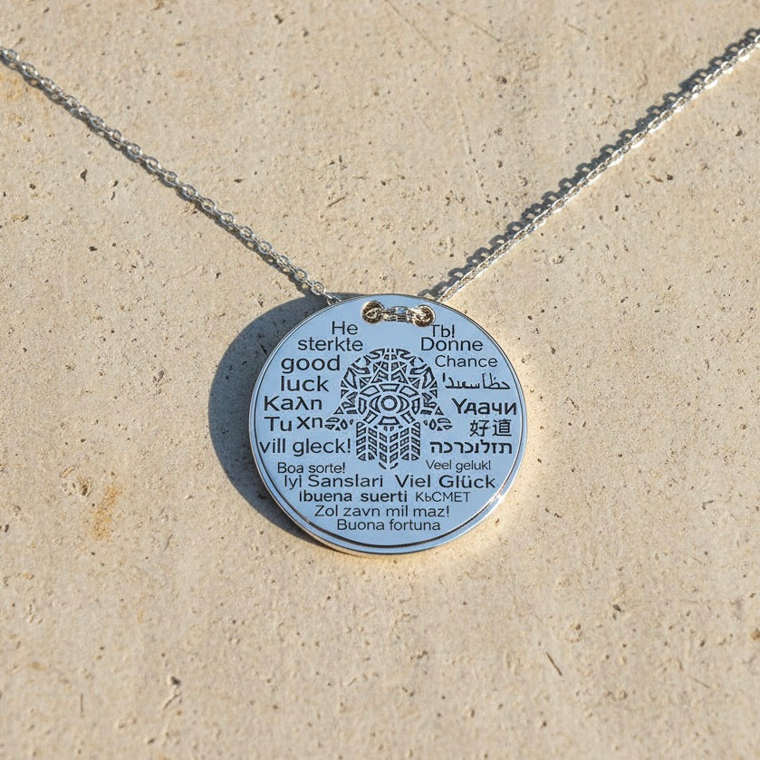 Sterling Silver 925 Multilingual Pendant Necklace "Good Luck"