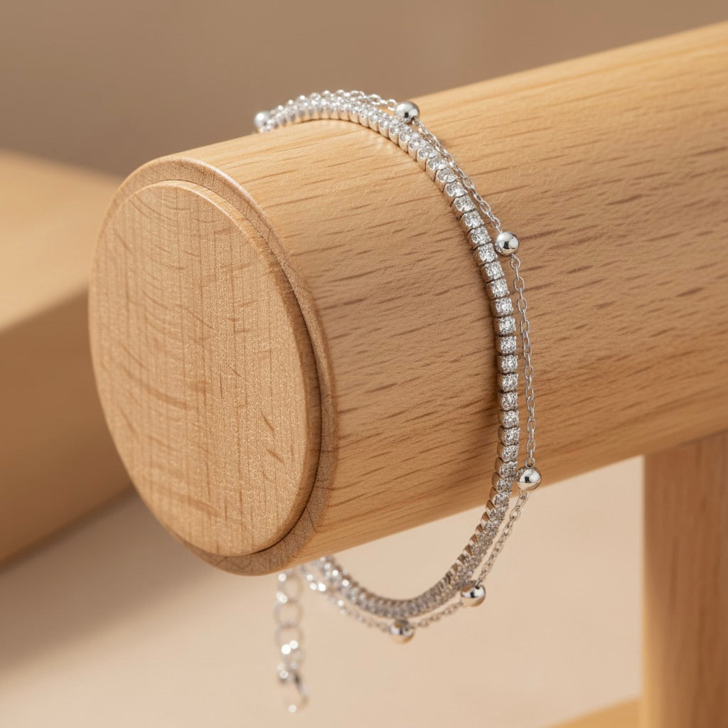 Sterling Silver 925 Double Chain Bracelet with Clear CZ Gemstones “Sparkle Line”