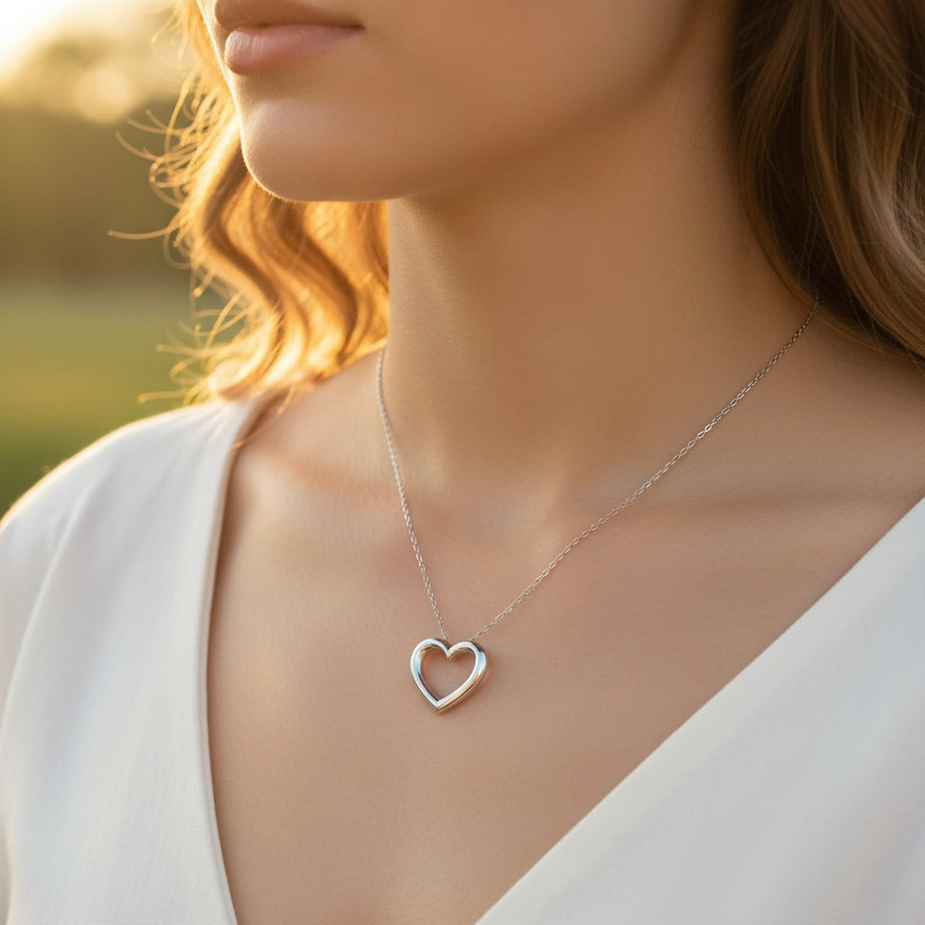 Sterling Silver 925 Open Heart Necklace Pendant “Forever”