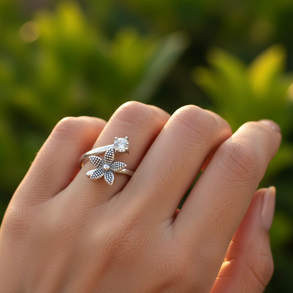Sterling Silver 925 Daisy Flower CZ Wrap Adjustable Ring "Chloe"
