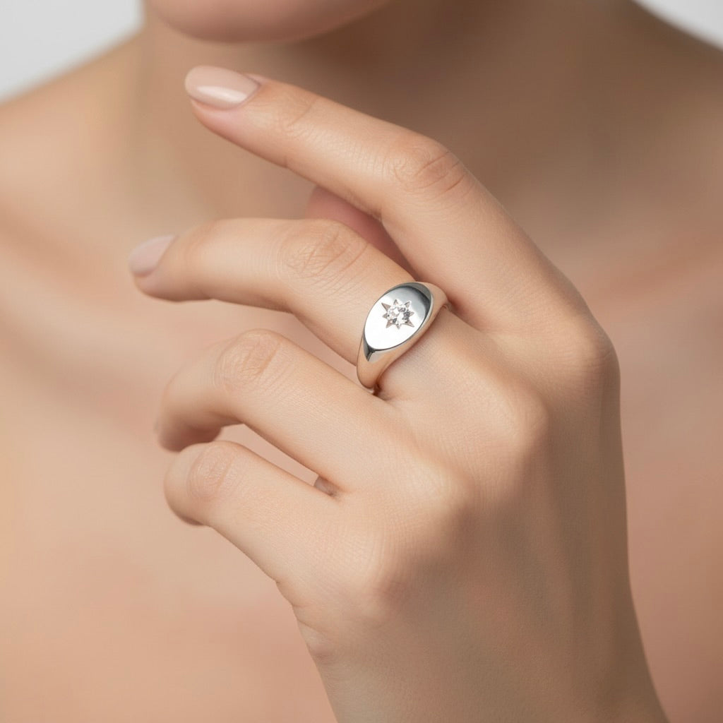 Sterling Silver 925 Starlight Signet CZ Adjustable Ring "Stardust"