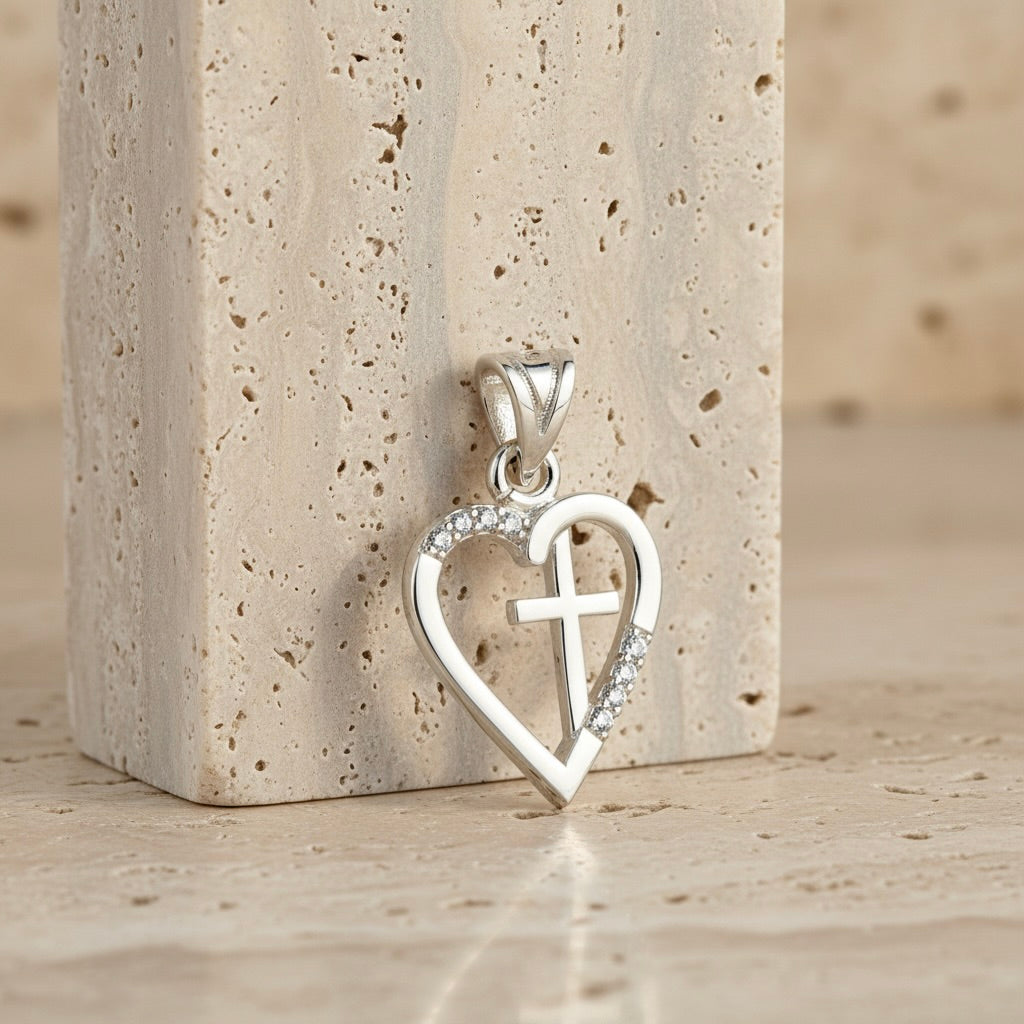 Sterling Silver 925 Heart Cross CZ Pendant "Beau"