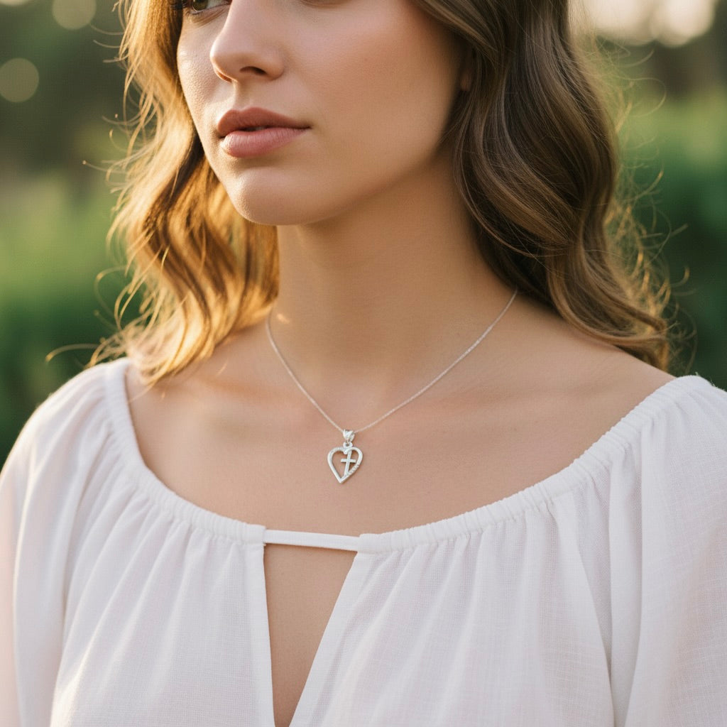 Sterling Silver 925 Heart Cross CZ Pendant "Beau"