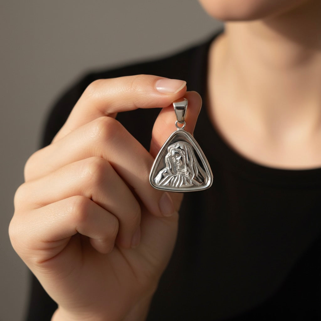 Sterling Silver 925 Virgin Mary Religious Oxidised Pendant “Graceful Triangle”