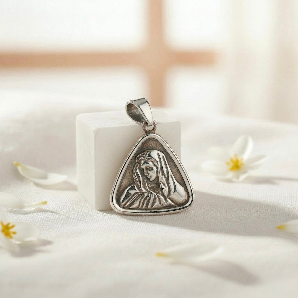 Sterling Silver 925 Virgin Mary Religious Oxidised Pendant “Graceful Triangle”