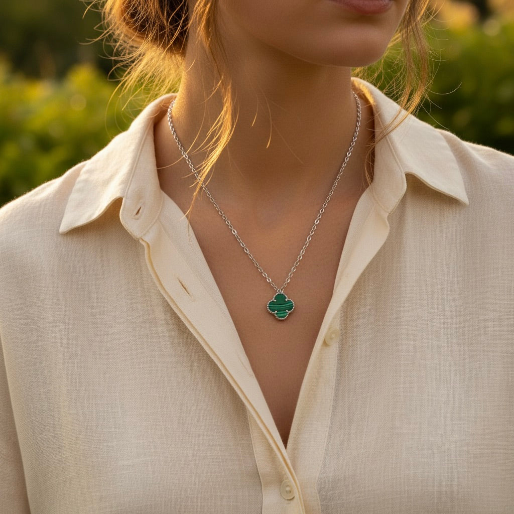 Sterling Silver 925 Green Malachite Clover Necklace Pendant "Verdant"